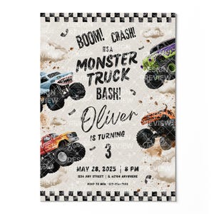 Könnte beinhalten: Eine Geburtstagseinladung zum Thema Monstertruck mit schwarz-weißem Karomuster am Rand, drei Monstertrucks in Blau, Grün und Orange sowie dem Text BOOM! CRASH! IT'S A MONSTER TRUCK BASH! Oliver IS TURNING 3 MAY 28, 2025 8 PM.