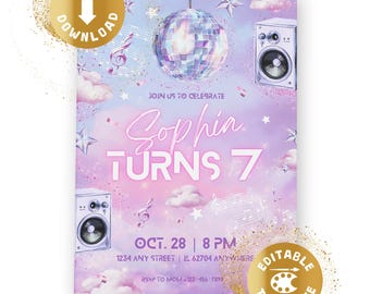 May include: A party invitation template featuring a disco ball, speakers, musical notes, and stars on a purple and pink cloud background. Text includes: JOIN US TO CELEBRATE, Sophia TURNS 7, OCT. 28 | 8 PM, 1234 ANY STREET | IL 62704 ANYWHERE, RSVP TO MOM 123-456-7890.