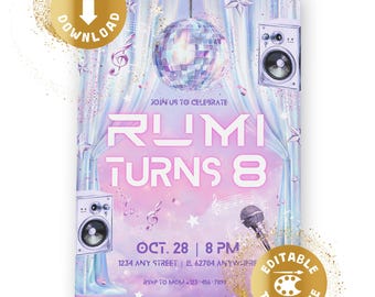 K-Pop Birthday Invitation Digital Kpop Karaoke Pastel KPOP Birthday Invite Korean Music Holographic Purple Disco Personalized Canva Template