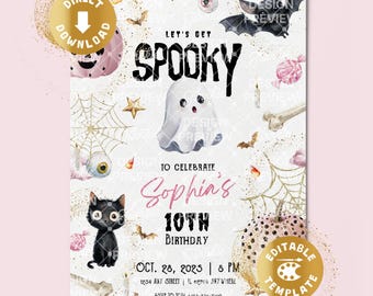 Puede incluir: Una tarjeta de invitación de cumpleaños con temática de Halloween que presenta un fantasma blanco, un gato negro, un murciélago, telarañas doradas y calabazas. El texto dice: Let's Get Spooky, To Celebrate Sophia's 10th Birthday, Oct. 28, 2025, 8 PM, 1234 Any Street, IL 62704 Anywhere, RSVP to Tom +123-456-7890.