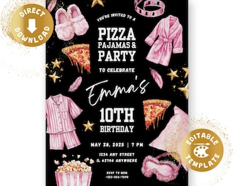 Pajama Sleepover Party Pyjama Birthday Invitation Movie Night, Pizza, Pink, Spa, Popcorn, Digital Invite, Personalized, Canva Template