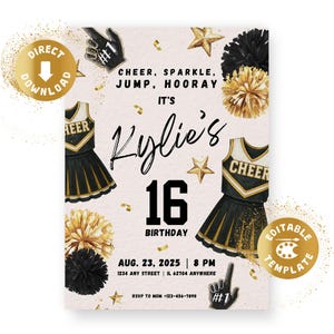 Cheerleader Geburtstag Einladung Digital Cheer Geburtstagsparty Schwarz Gold Tailgate Game Tween Teen Tanzparty Personalisiert Canva Vorlage