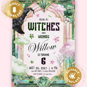 Könnte beinhalten: Eine Party-Einladung mit einem rosa-grünen Buntglas-Design. Der Text lautet "Aufruf an alle Hexen und Zauberer" und kündigt Willow's 6. Geburtstag am 28. Mai 2025 an. Enthält einen Hexenhut, Sterne, Wolken und eine Krone.