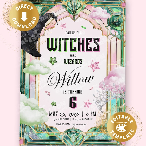 Invitación de cumpleaños de bruja, fiesta de película de magos digital, invitación musical de película mágica, rosa pastel, verde, plantilla personalizada de Canva