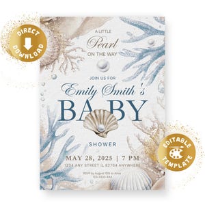Invitación digital para baby shower con temática de perla, fiesta submarina para baby shower, una pequeña perla en camino, plantilla personalizada de Canva de género neutro