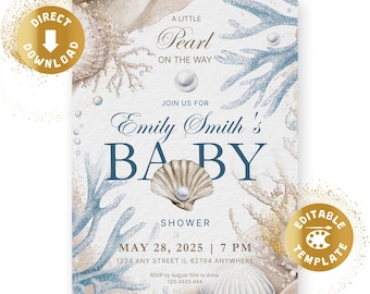 Pearl Baby shower invitation digital shell baby party a little pearl on the way gender neutral underwater invite personalized canva template
