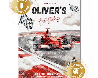 Race Car Birthday Invitation Digital Race Car Red Racing Birthday Invite Flag Birthday Boy Personalized Canva Template