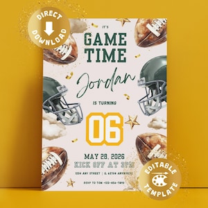 Football Birthday Invitation Digital Boys Football Game Sports Party Green Yellow American Football Invite Personalized Canva Template