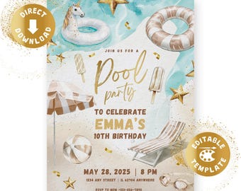 Pool party birthday invitation digital poolparty invite gold waterslide paddling pool summer party beach holiday personalized canva template