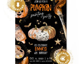 Può includere: Un invito nero per una festa di pittura su zucca con zucche arancioni e bianche, pennelli e una tavolozza. Il testo include JOIN US FOR A PUMPKIN painting party TO CELEBRATE EMMA'S 6TH BIRTHDAY OCT. 6, 2025 5 PM 1234 ANY STREET IL 62904 ANYWHERE.