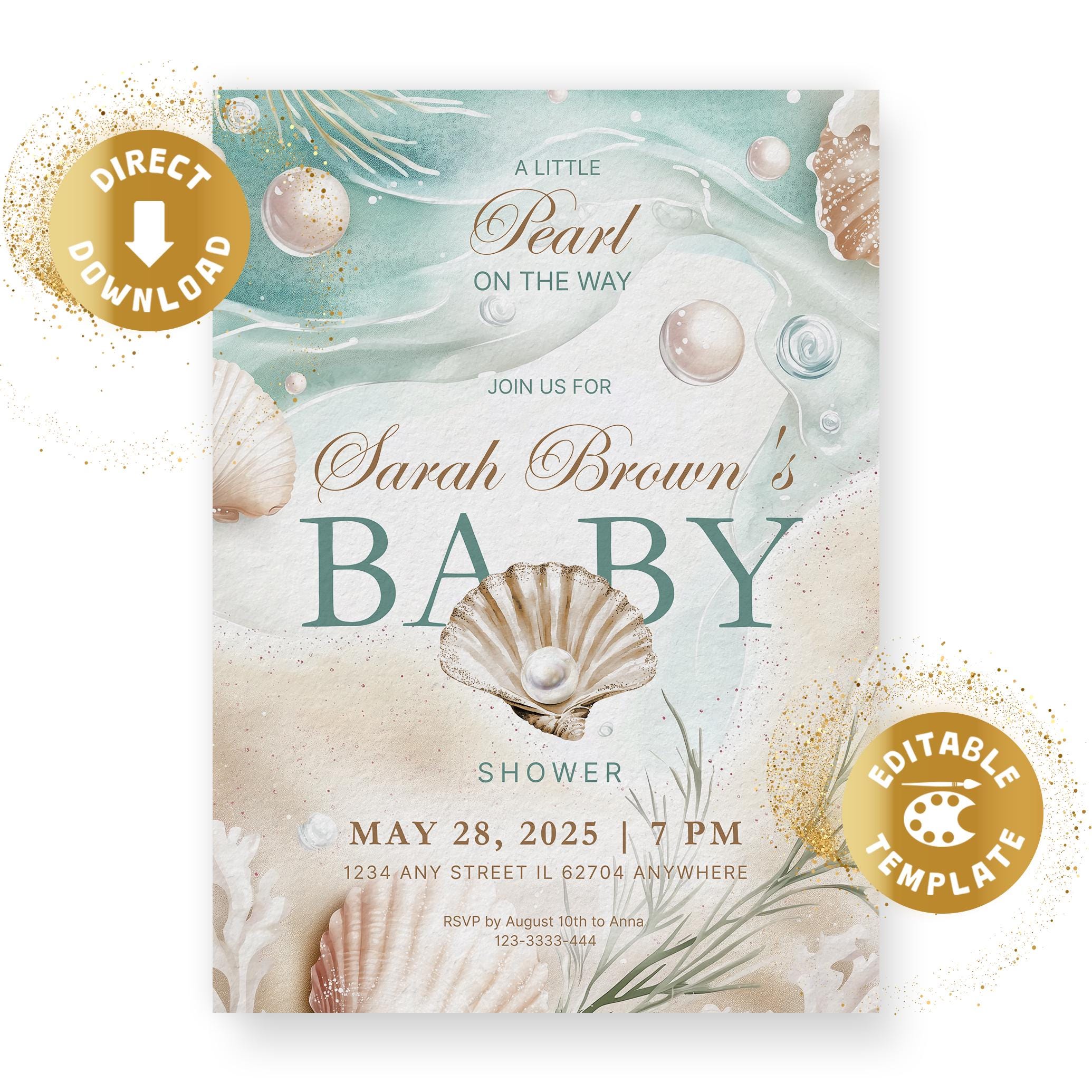 Pearl Baby shower invitation digital shell baby party a little pearl on the way gender neutral underwater invite personalized canva template