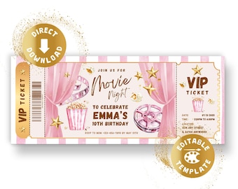 May include: A pink and white movie ticket design with gold accents. The ticket features the text "Movie Night" and "To Celebrate Emma's 10th Birthday". Includes a popcorn bucket, film reel, and stars.