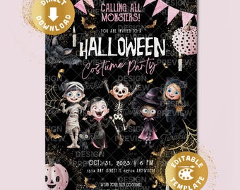 Costume Party Halloween Invitation Digital Spooky Dress Up Trick or Treat Halloween Pink Girls Spooktacular Personalized Canva Template