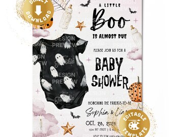 A Little Boo Baby Shower Invitation Digital Halloween Baby Party Spooky Spooktacular Baby Ghost Pink Girl Personalized Canva Template