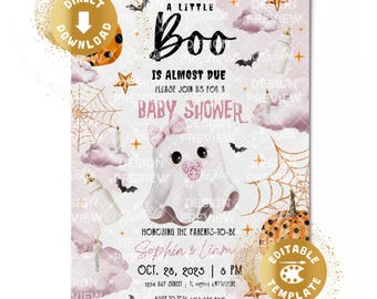 A Little Boo Baby Shower Invitation Digital Halloween Baby Party Spooky Spooktacular Baby Ghost Pink Girl Personalized Canva Template