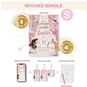Könnte beinhalten: Ein Witches Bundle Party-Set mit einer rosa Einladung mit Eulen-, Zauberhut- und Zauberstab-Grafiken, dem Text Calling all Witches and Wizards Sophia is turning 11, einer mobilen Einladung, drei Dankeschön-Anhängern und einem Ausmalbild.