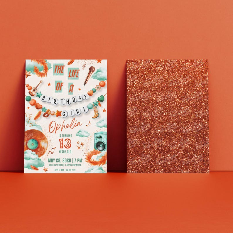May include: A rectangular birthday invitation card featuring the text THE LIFE OF A BIRTHDAY GIRL, Ophelia is turning 13 years old, May 28, 2026, 7 PM, and a glittery copper-colored card back. The invitation includes illustrations of a microphone, vinyl record, and speaker.