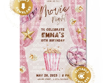 May include: A pink movie night birthday invitation template featuring gold stars, a film reel, and a popcorn bucket. Text reads: JOIN US FOR MOVIE NIGHT TO CELEBRATE EMMA'S 10TH BIRTHDAY, MAY 28, 2025, 8 PM, 1234 ANY STREET, IL 62704 ANYWHERE, RSVP TO MOM +123-456-7890.