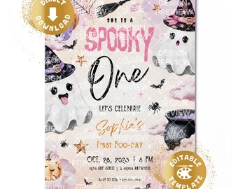 Spooky One Halloween 1st Birthday Invitation Digital Spooky First Birthday Invite Pink Cute Ghosts Orange Girl Personalized Canva Template