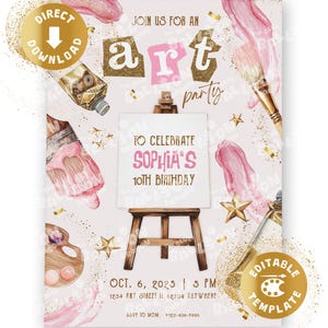 Könnte beinhalten: Eine Einladung zu einer Kunstparty mit Aquarelldesign. Die Einladung zeigt die Worte "art party" in Goldglitter und rosa Buchstaben. Sie enthält den Text "To celebrate Sophia's 10th birthday" und Veranstaltungsdetails. Goldakzente und Pinsel verzieren die Einladung.