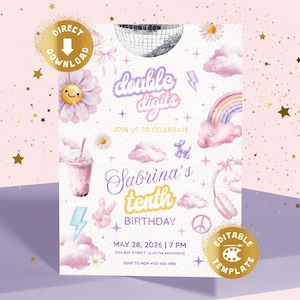 Könnte beinhalten: Digitale Einladungsvorlage mit Pastellthema. Das Design zeigt eine Discokugel, einen Regenbogen, Wolken und Gänseblümchen. Der Text enthält "Double Digits" und "Sabrina's tenth BIRTHDAY". Enthält RSVP-Informationen.
