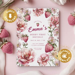 Berry first birthday invitation, digital, strawberries, strawberry, 1st birthday invite, berries, flower, girl, personalized, Canva template