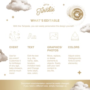 May include: A digital template guide titled Let It Twinkle featuring gold text and cloud graphics. It outlines editable features including event details, text, graphics, photos, and colors, with a circular badge stating Editable Template.