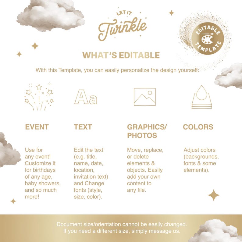 May include: A digital template guide titled Let It Twinkle featuring gold text and cloud graphics. It outlines editable features including event details, text, graphics, photos, and colors, with a circular badge stating Editable Template.