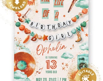Life of a Birthday Girl Invitation Digital Showgirl Invite Showgirl-Era In My Birthday Era Invitation Karaoke Personalized Canva Template