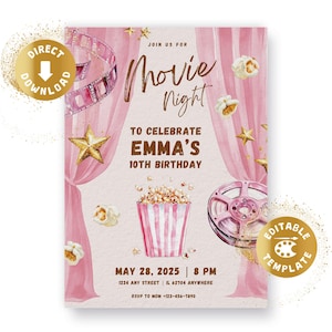 Movie Night verjaardagsuitnodiging, bioscoop, pastel, roze, film, popcorn, uitnodiging, 10e verjaardag, meisje, gepersonaliseerd, digitale download