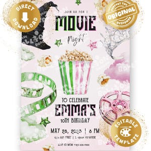 Witch Movie Birthday Invitation Digital Wizard Party Magical Witches Musical Invitation Pastel Pink Green Cinema Personalized Canva Template
