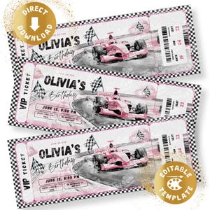 Puede incluir: Tres entradas de fiesta de cumpleaños con temática de coches de carreras rosas. Cada entrada presenta un coche de carreras rosa, banderas a cuadros y el texto "Olivia's Birthday". Las entradas tienen un diseño de entrada VIP con un borde a cuadros blanco y negro.