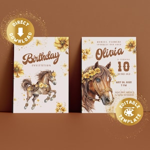 Invitation anniversaire cheval, modèle numérique, cheval, équitation, fleurs, ferme de poneys, invitation, anniversaire, fille, personnalisé, télécharger