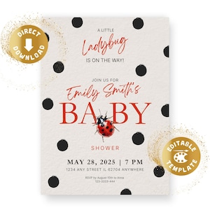 Invito per baby shower a forma di coccinella, digitale, per baby shower, a pois, rosso boho, unisex, elegante modello personalizzato Canva