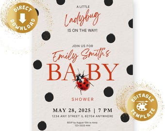 Baby shower invitation ladybug, digital, baby party, gender neutral, dots ,red, beige boho invite personalized canva template