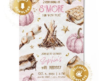 S'mores Birthday Invitation Digital Campfire Smore Fun Invite Backyard Marshmallow Camping Autumn Camp Woodland Personalized Canva Template