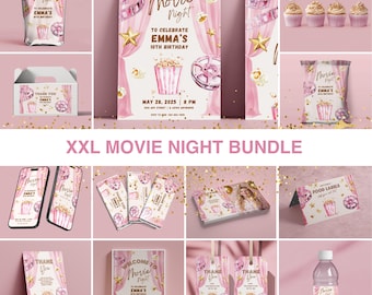 May include: A pink and gold movie night party printable bundle with a variety of items including invitations, food labels, thank you tags, and a welcome sign. The design features a movie reel, popcorn, and stars.
