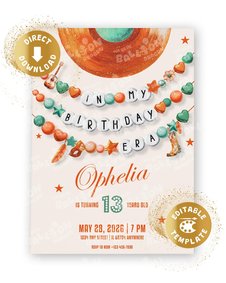 May include: A birthday invitation with the text "In My Birthday Era" and the name "Ophelia". The invitation includes decorative elements like stars, hearts, and a cowboy boot. The date is May 28, 2026, at 7 PM.