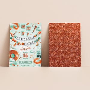 May include: A birthday invitation card featuring a light blue background with clouds, a vinyl record, a microphone, and a string of beads spelling THE LIFE OF A BIRTHDAY GIRL. The text reads Sophia is turning 16, May 28, 2026, 7 PM. A second card has a copper glitter texture.