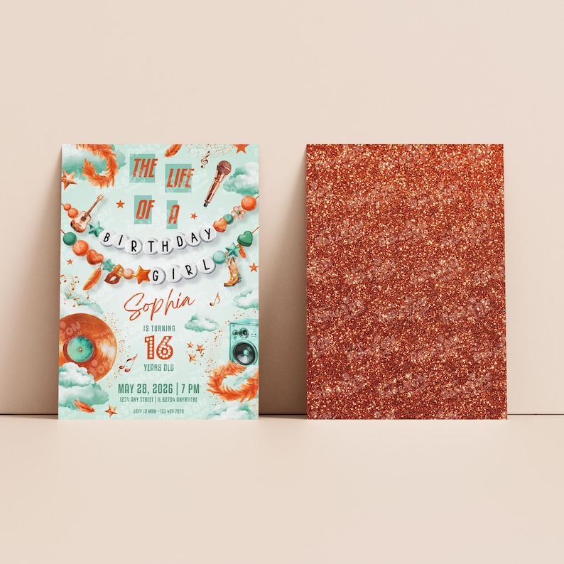 May include: A birthday invitation card featuring a light blue background with clouds, a vinyl record, a microphone, and a string of beads spelling THE LIFE OF A BIRTHDAY GIRL. The text reads Sophia is turning 16, May 28, 2026, 7 PM. A second card has a copper glitter texture.