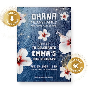 Invitation d'anniversaire Ohana, Hawaï, Aloha numérique, fête Aloha, Luau, Tropical, Invitation d'anniversaire, Fille, Personnalisé, Modèle Canva