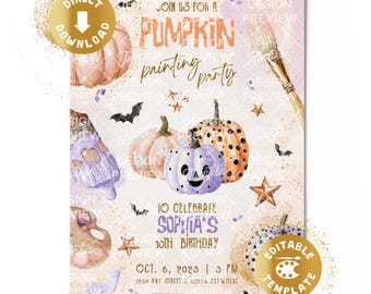 Pumpkin Painting Birthday Invitation Digital Pumpkin Paint Art Craft Party Pumpkin Girls Halloween Invite Personalized Canva Template