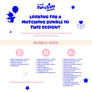 May include: A white background with blue accents features a logo with a dragon holding a balloon. Text reads "Looking for a matching bundle in this design?" and lists bundle sizes S, M, and XL with included items like invitations and thank you tags.