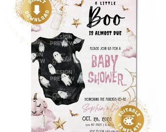 A Little Boo Baby Shower Invitation Digital Halloween Baby Party Spooky Spooktacular Baby Ghost Pink Girl Personalized Canva Template