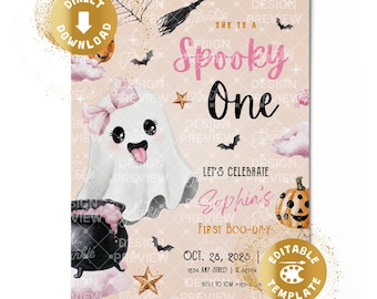 Spooky One Halloween 1st Birthday Invitation Digital Spooky First Birthday Invite Pink Cute Ghosts Orange Girl Personalized Canva Template