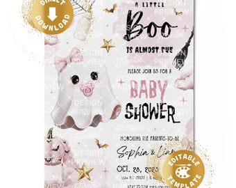 A Little Boo Baby Shower Invitation Digital Halloween Baby Party Spooky Spooktacular Baby Ghost Pink Girl Personalized Canva Template