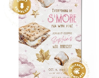S'mores Birthday Invitation Digital Campfire Smore Fun Invite Backyard Marshmallow Camping Autumn Camp Woodland Personalized Canva Template