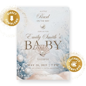 Invitación digital para baby shower con temática de perla, fiesta submarina para baby shower, una pequeña perla en camino, plantilla personalizada de Canva de género neutro