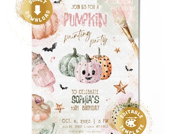 Pumpkin Painting Birthday Invitation Digital Pumpkin Paint Art Craft Party Pink Pumpkin Girls Halloween Invite Personalized Canva Template
