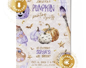 Può includere: Un invito digitale per una festa di pittura su zucca con zucche viola e dorate, pennelli, una tavolozza e stelle dorate. Il testo recita: Join us for a pumpkin painting party to celebrate Sophia's 10th birthday, Oct. 6, 2025, 3 PM.